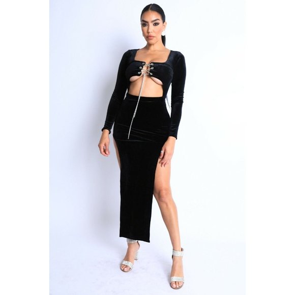 Boutique Dresses & Skirts - Women's Sexy Velvet Slits Tie Detailed Square Neck Party Clubwear Maxi Dress